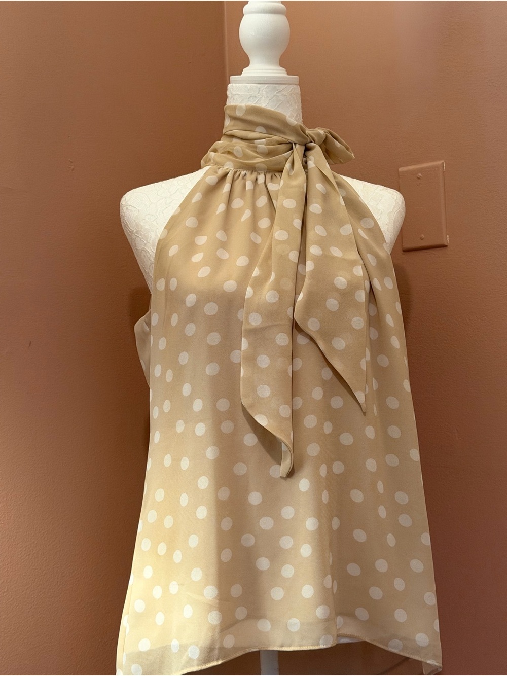 White House Black Market Tan Polka Dot Tie-Neck Halter Top